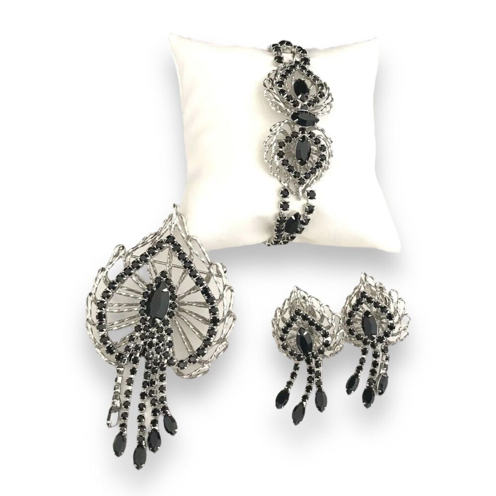 Vintage Jewelry Set Earrings Pin Bracelet Black Prong Set Rhinestone Crystal 4U